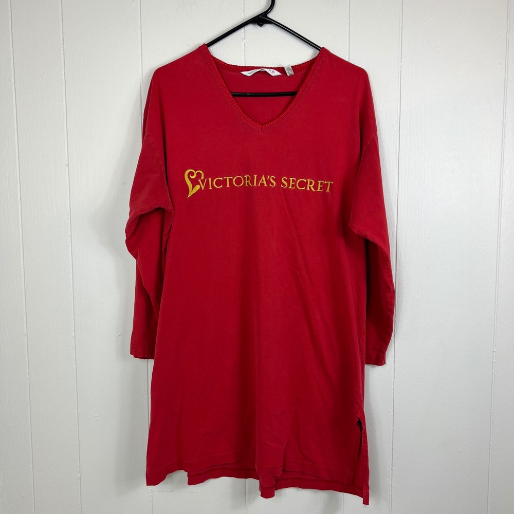 Vintage Victoria's Secret Red Sleep Shirt Night Dress V Neck Long Sleeve Size‎ M